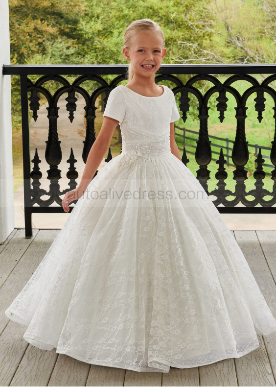 Short Sleeves Ivory Lace Keyhole Back Long Flower Girl Dress